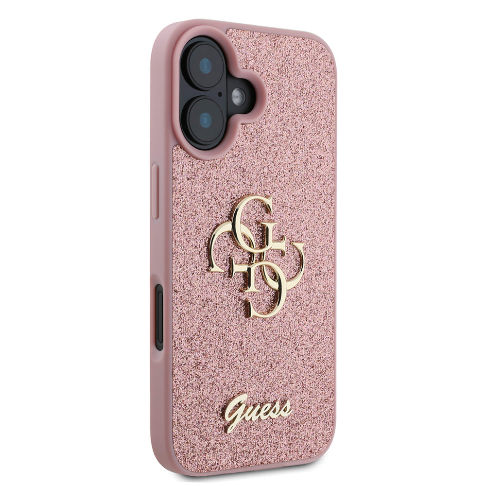 Apple iPhone 16 Plus Kılıf Guess 4G Büyük Metal Logolu Glitter Kapak Pembe