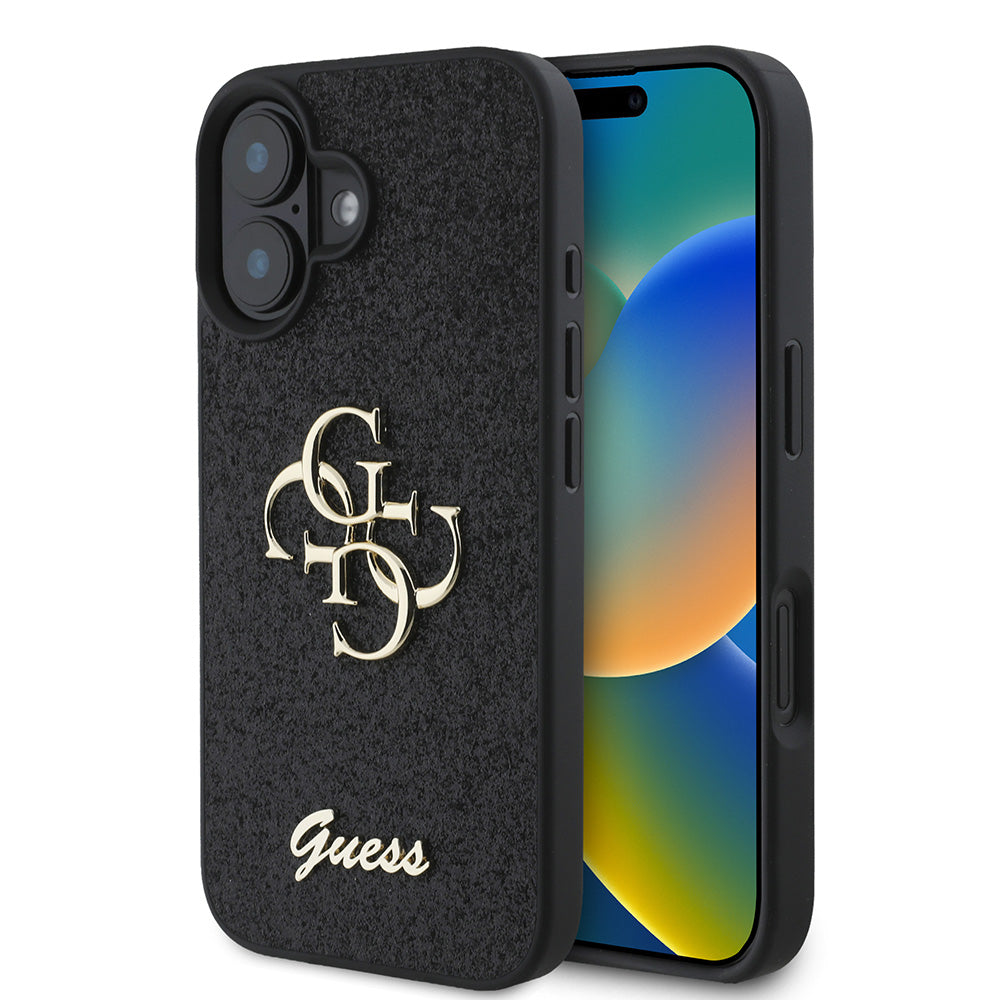 Apple iPhone 16 Plus Kılıf Guess 4G Büyük Metal Logolu Glitter Kapak Siyah