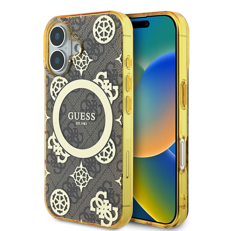 Apple iPhone 16 Plus Kılıf Guess Magsafe Şarj Özellikli 4G Desenli IML Yazı Logolu Peony Kapak Kahverengi