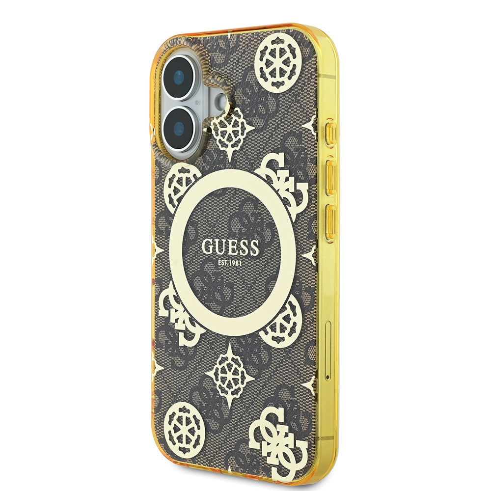 Apple iPhone 16 Plus Kılıf Guess Magsafe Şarj Özellikli 4G Desenli IML Yazı Logolu Peony Kapak Kahverengi