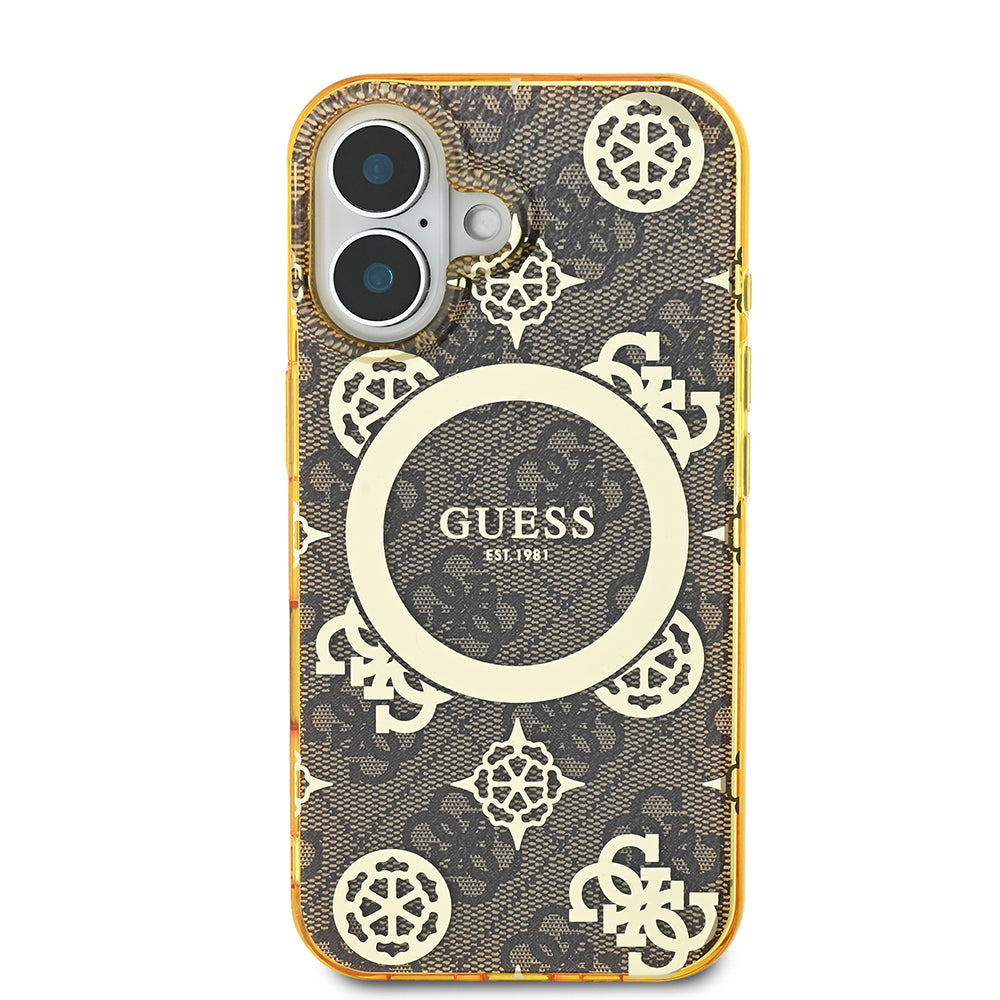 Apple iPhone 16 Plus Kılıf Guess Magsafe Şarj Özellikli 4G Desenli IML Yazı Logolu Peony Kapak Kahverengi