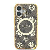 Apple iPhone 16 Plus Kılıf Guess Magsafe Şarj Özellikli 4G Desenli IML Yazı Logolu Peony Kapak Kahverengi