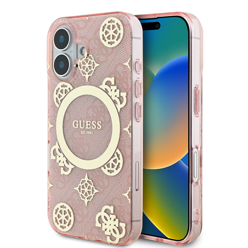Apple iPhone 16 Plus Kılıf Guess Magsafe Şarj Özellikli 4G Desenli IML Yazı Logolu Peony Kapak Pembe