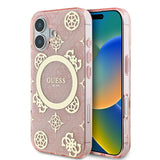Apple iPhone 16 Plus Kılıf Guess Magsafe Şarj Özellikli 4G Desenli IML Yazı Logolu Peony Kapak Pembe