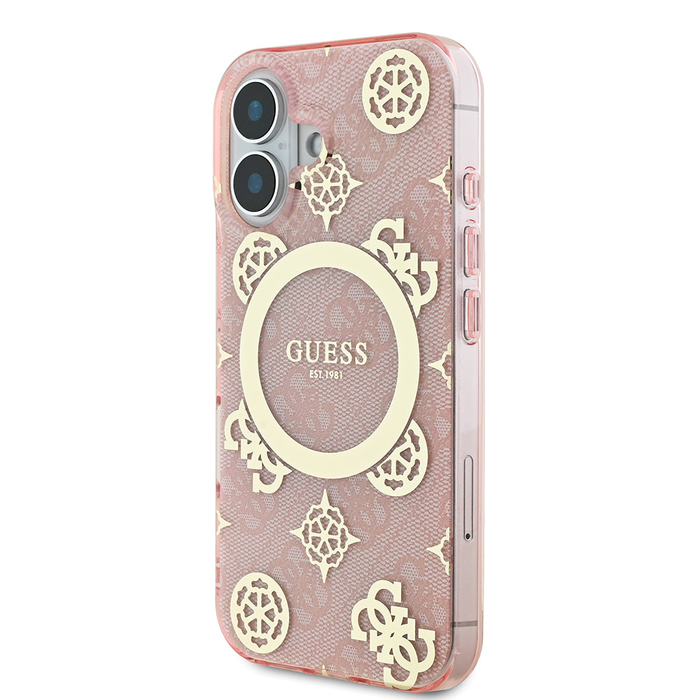 Apple iPhone 16 Plus Kılıf Guess Magsafe Şarj Özellikli 4G Desenli IML Yazı Logolu Peony Kapak Pembe