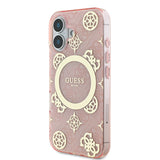 Apple iPhone 16 Plus Kılıf Guess Magsafe Şarj Özellikli 4G Desenli IML Yazı Logolu Peony Kapak Pembe