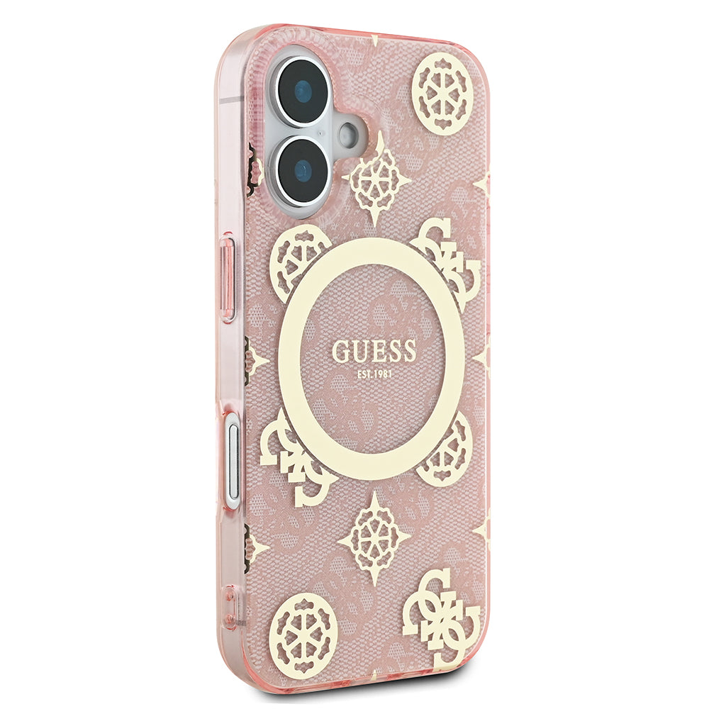 Apple iPhone 16 Plus Kılıf Guess Magsafe Şarj Özellikli 4G Desenli IML Yazı Logolu Peony Kapak Pembe