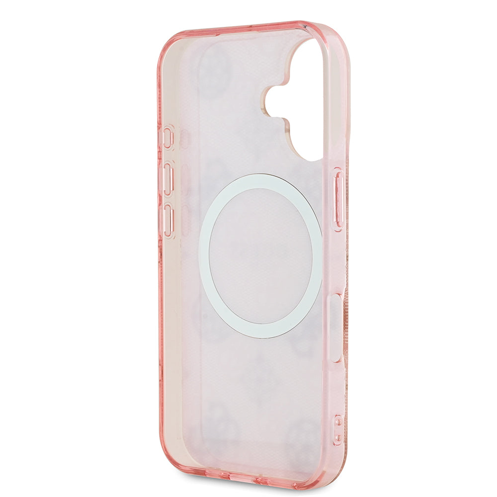 Apple iPhone 16 Plus Kılıf Guess Magsafe Şarj Özellikli 4G Desenli IML Yazı Logolu Peony Kapak Pembe