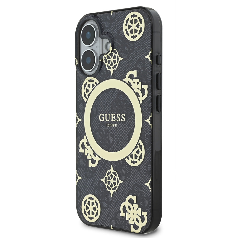 Apple iPhone 16 Plus Kılıf Guess Magsafe Şarj Özellikli 4G Desenli IML Yazı Logolu Peony Kapak Siyah