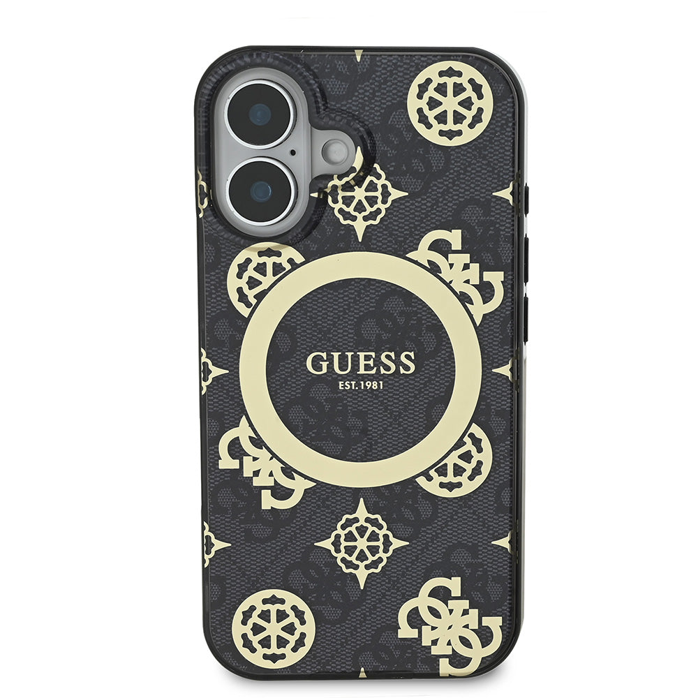 Apple iPhone 16 Plus Kılıf Guess Magsafe Şarj Özellikli 4G Desenli IML Yazı Logolu Peony Kapak Siyah