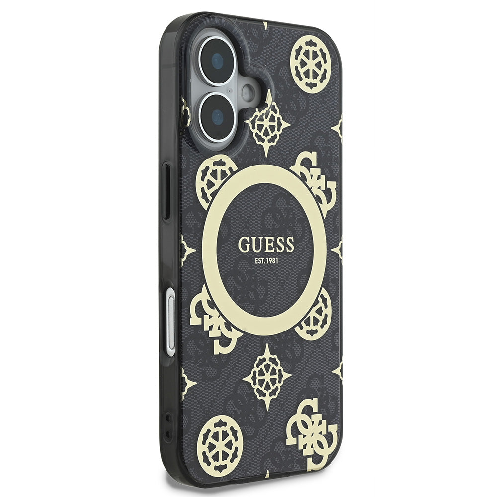 Apple iPhone 16 Plus Kılıf Guess Magsafe Şarj Özellikli 4G Desenli IML Yazı Logolu Peony Kapak Siyah