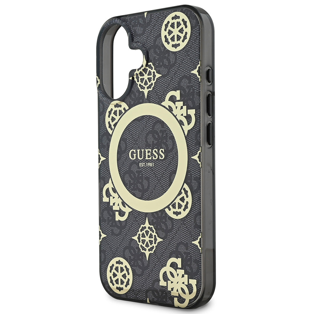 Apple iPhone 16 Plus Kılıf Guess Magsafe Şarj Özellikli 4G Desenli IML Yazı Logolu Peony Kapak Siyah