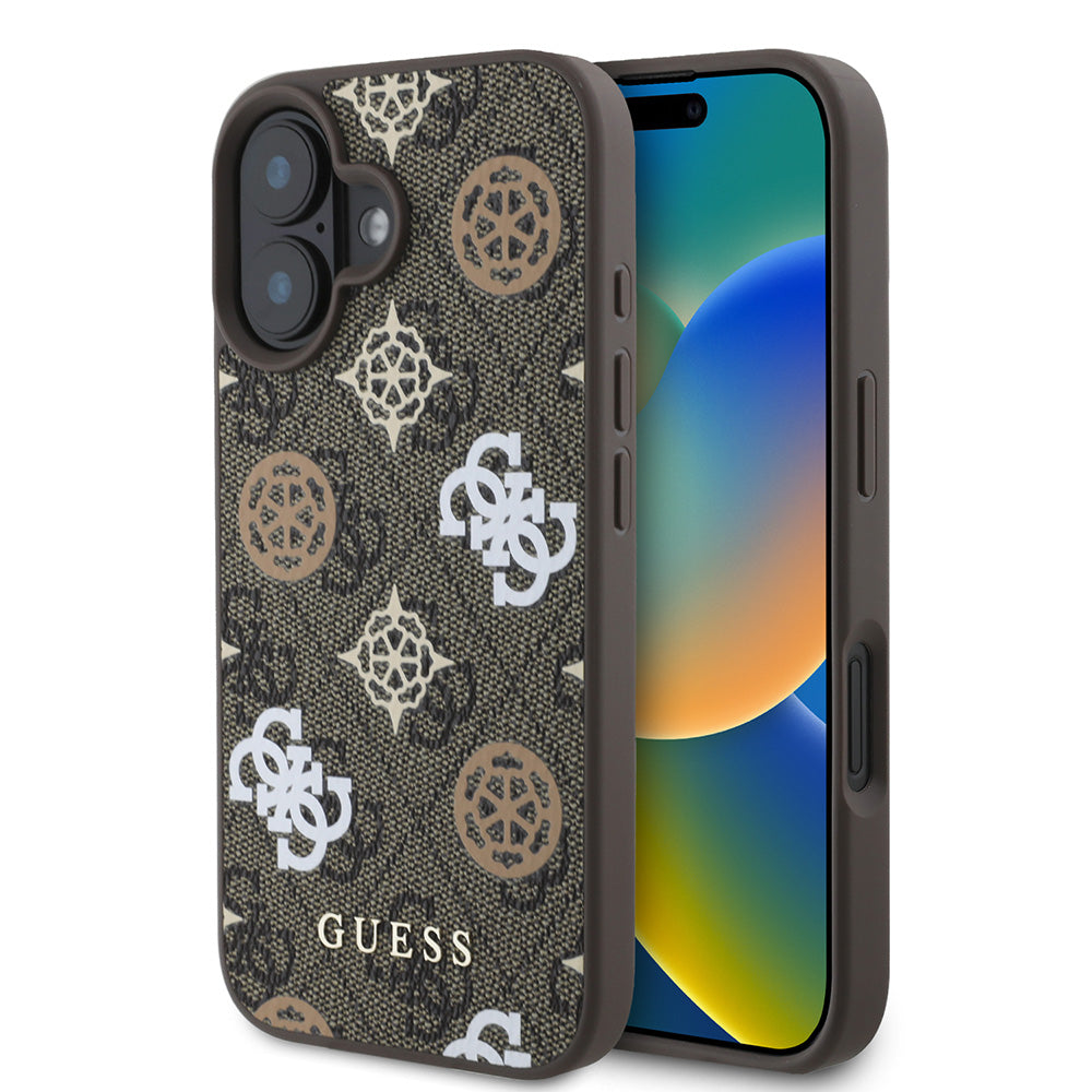 Apple iPhone 16 Plus Kılıf Guess Magsafe Şarj Özellikli 4G Desenli Yazı Logolu Peony Kapak Kahverengi