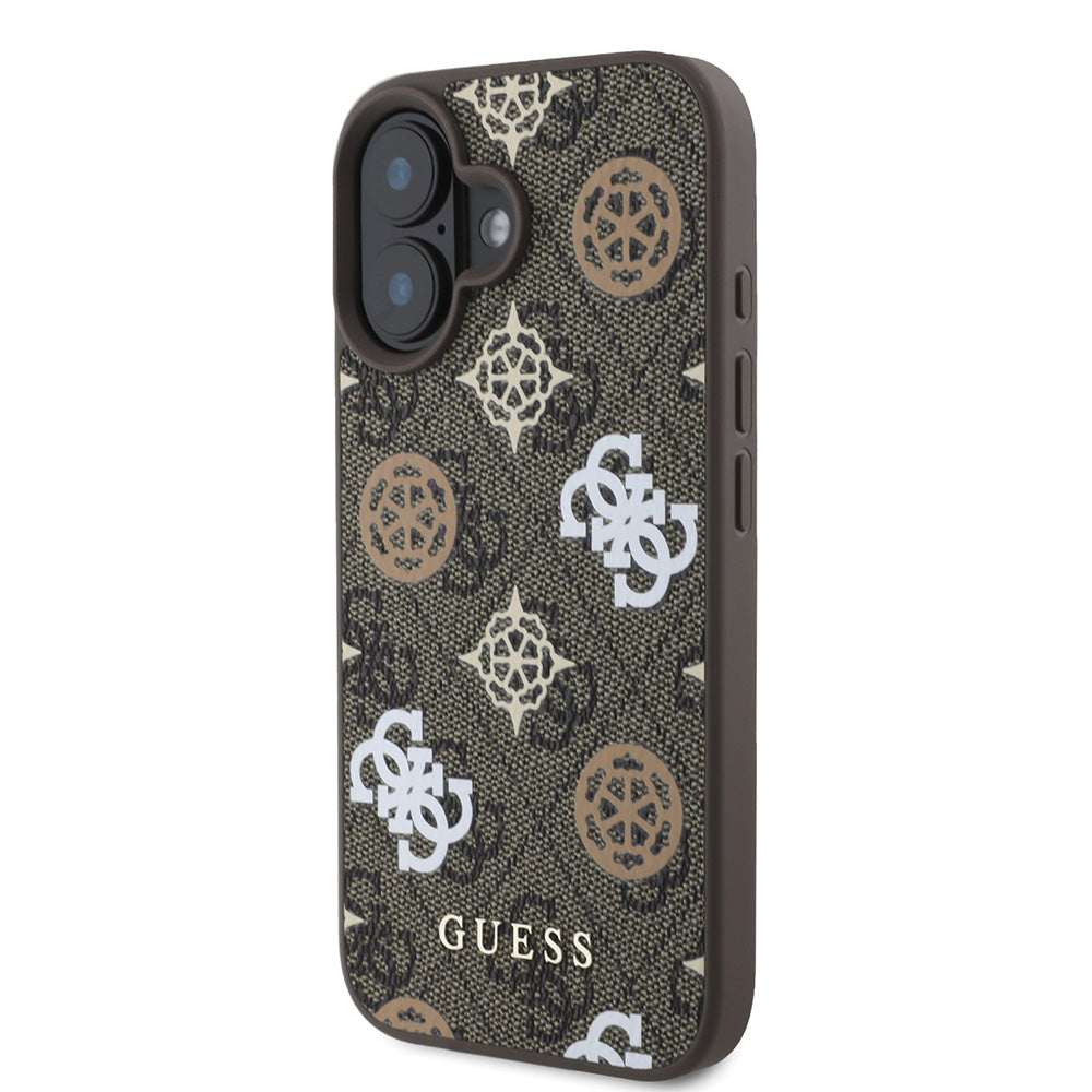 Apple iPhone 16 Plus Kılıf Guess Magsafe Şarj Özellikli 4G Desenli Yazı Logolu Peony Kapak Kahverengi