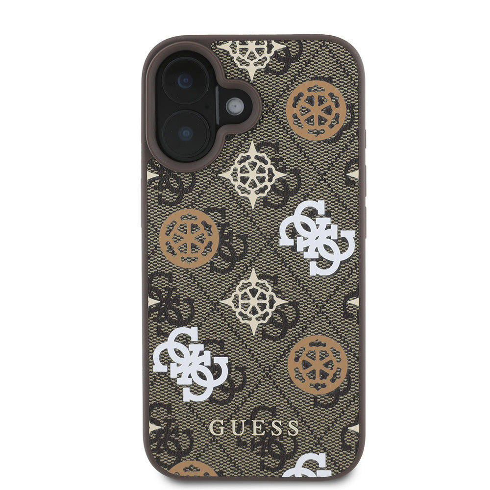 Apple iPhone 16 Plus Kılıf Guess Magsafe Şarj Özellikli 4G Desenli Yazı Logolu Peony Kapak Kahverengi
