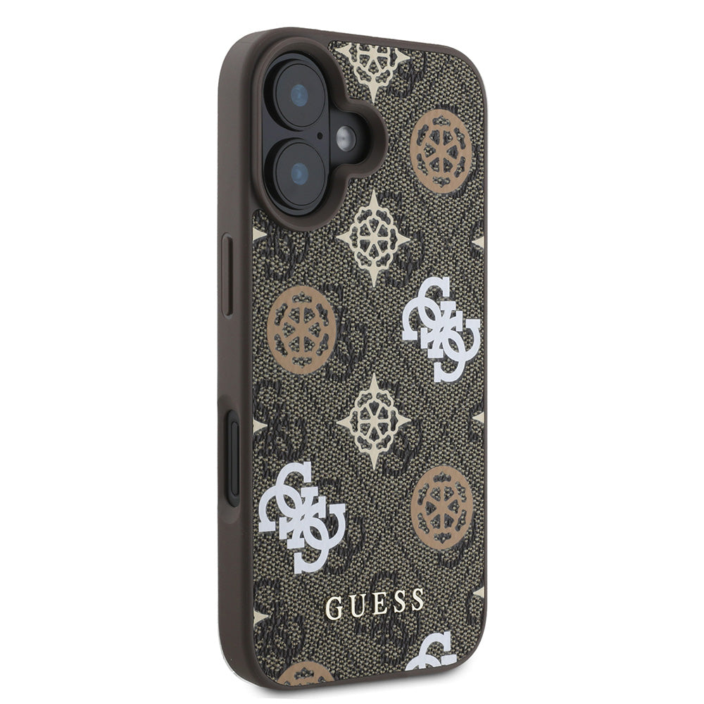 Apple iPhone 16 Plus Kılıf Guess Magsafe Şarj Özellikli 4G Desenli Yazı Logolu Peony Kapak Kahverengi