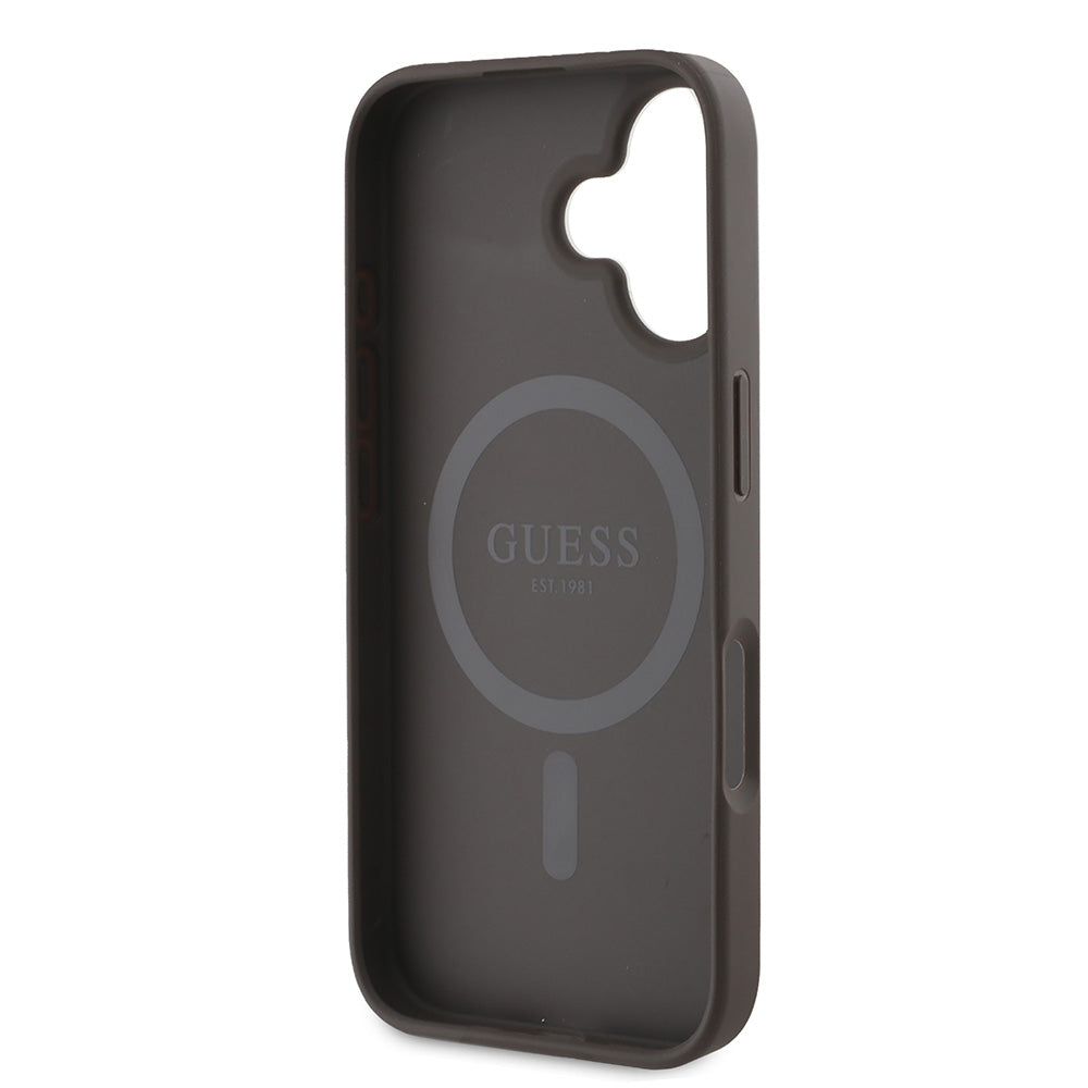 Apple iPhone 16 Plus Kılıf Guess Magsafe Şarj Özellikli 4G Desenli Yazı Logolu Peony Kapak Kahverengi