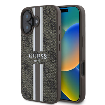 Apple iPhone 16 Plus Kılıf Guess Magsafe Şarj Özellikli 4G Şerit Tasarımlı Printed Kapak Kahverengi