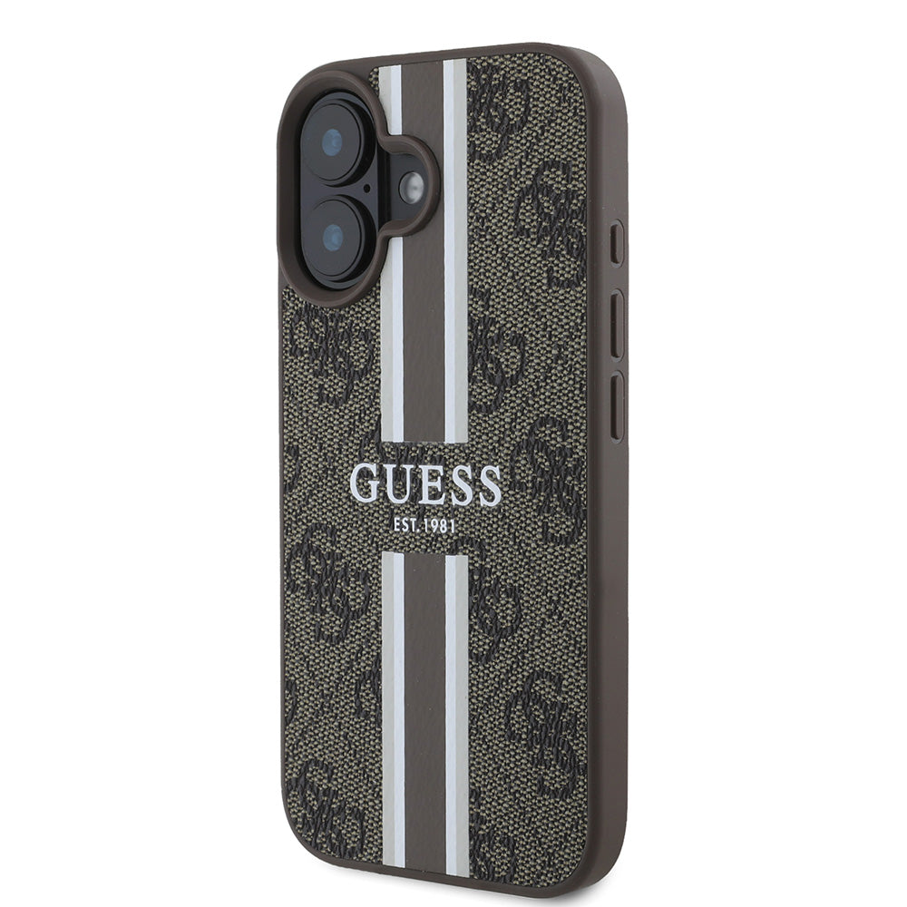 Apple iPhone 16 Plus Kılıf Guess Magsafe Şarj Özellikli 4G Şerit Tasarımlı Printed Kapak Kahverengi