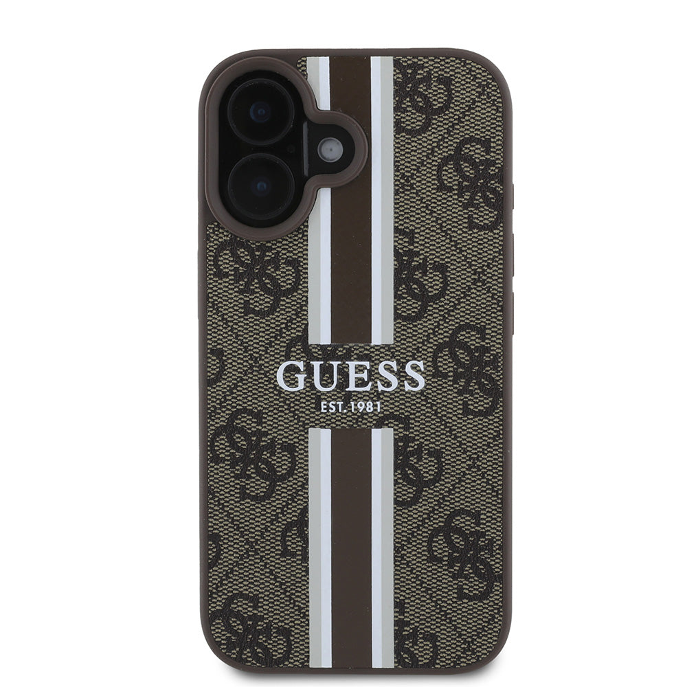 Apple iPhone 16 Plus Kılıf Guess Magsafe Şarj Özellikli 4G Şerit Tasarımlı Printed Kapak Kahverengi