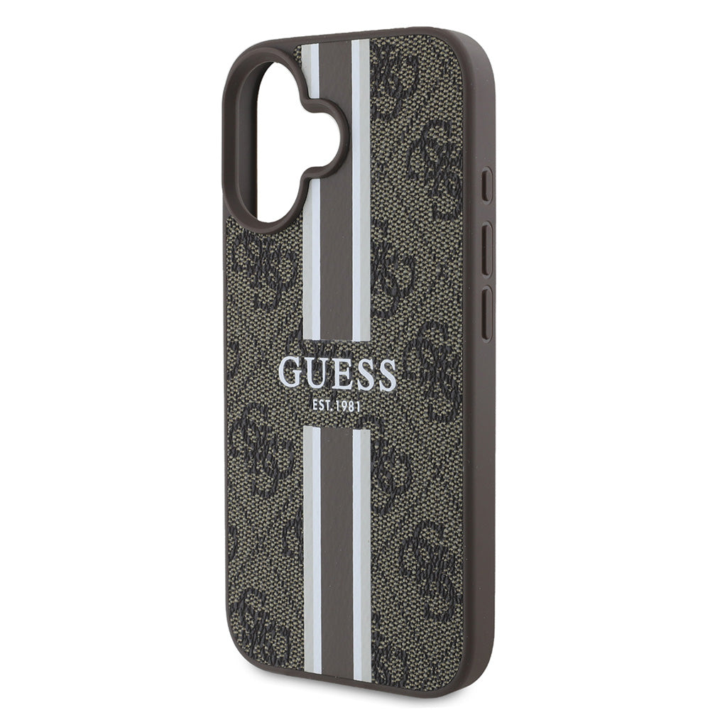 Apple iPhone 16 Plus Kılıf Guess Magsafe Şarj Özellikli 4G Şerit Tasarımlı Printed Kapak Kahverengi