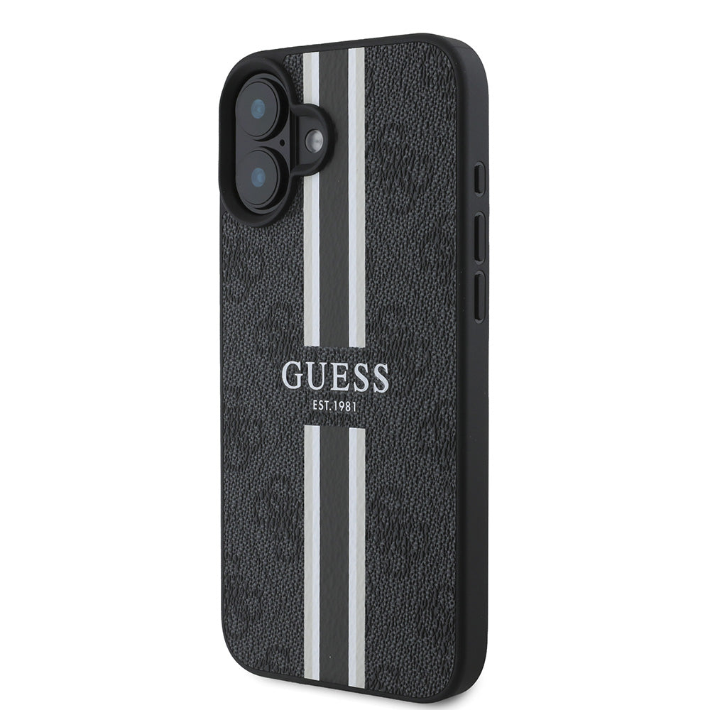Apple iPhone 16 Plus Kılıf Guess Magsafe Şarj Özellikli 4G Şerit Tasarımlı Printed Kapak Siyah