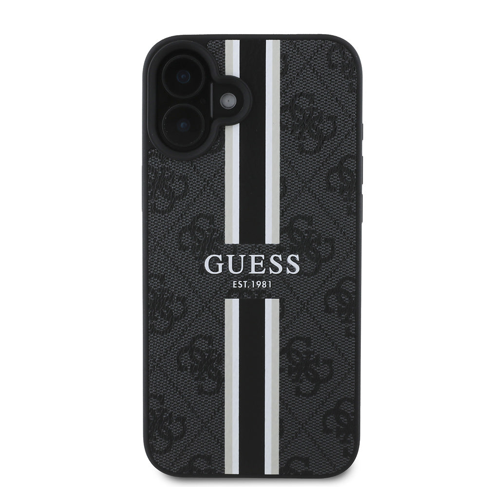 Apple iPhone 16 Plus Kılıf Guess Magsafe Şarj Özellikli 4G Şerit Tasarımlı Printed Kapak Siyah
