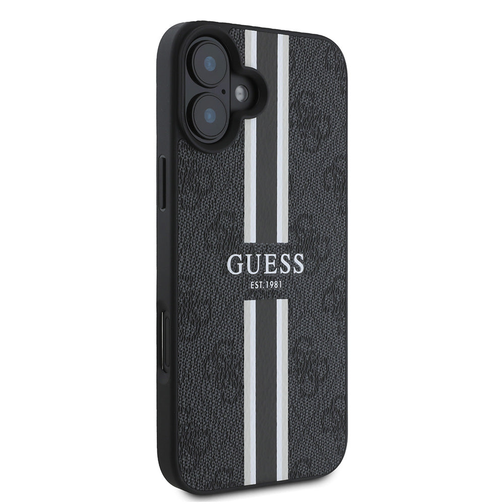 Apple iPhone 16 Plus Kılıf Guess Magsafe Şarj Özellikli 4G Şerit Tasarımlı Printed Kapak Siyah