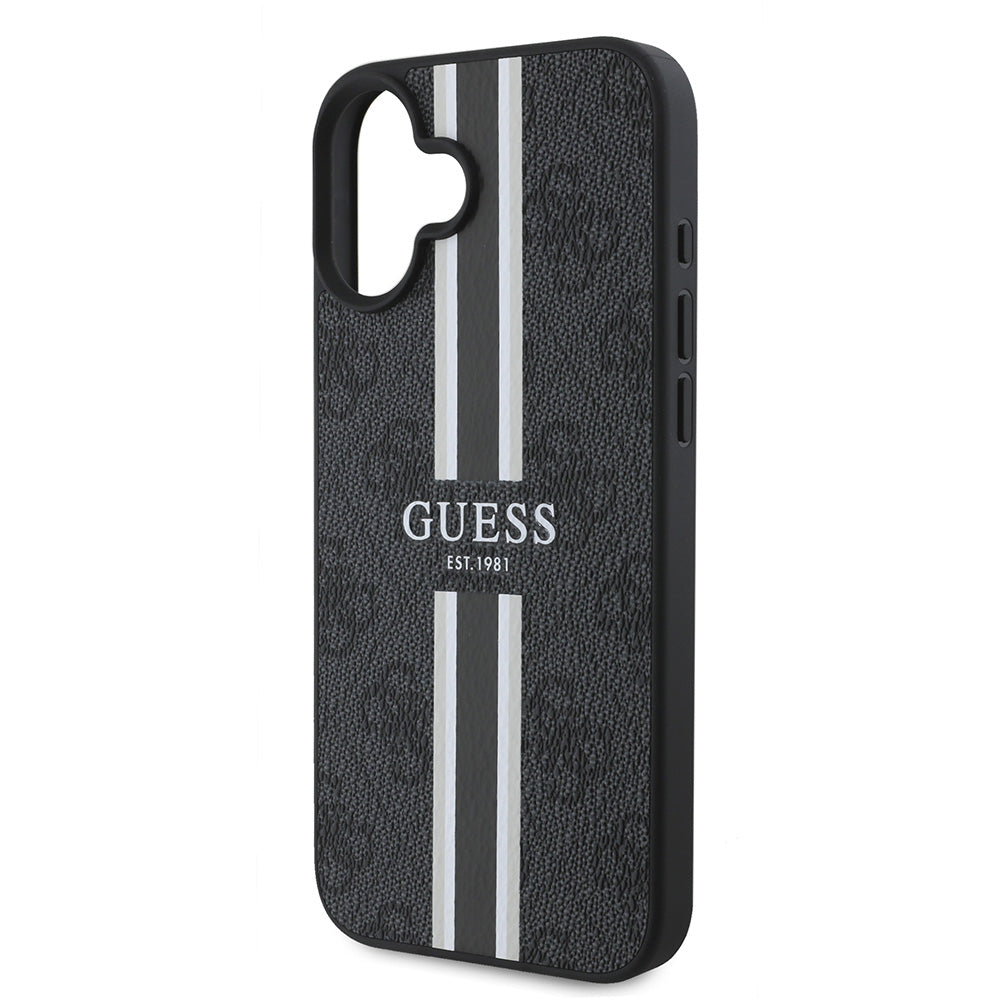 Apple iPhone 16 Plus Kılıf Guess Magsafe Şarj Özellikli 4G Şerit Tasarımlı Printed Kapak Siyah