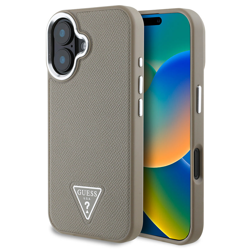 Apple iPhone 16 Plus Kılıf Guess Magsafe Şarj Özellikli Grained Triangle Kapak Kahverengi