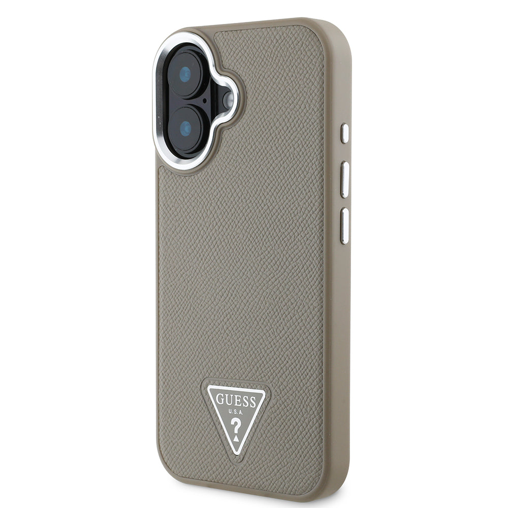 Apple iPhone 16 Plus Kılıf Guess Magsafe Şarj Özellikli Grained Triangle Kapak Kahverengi