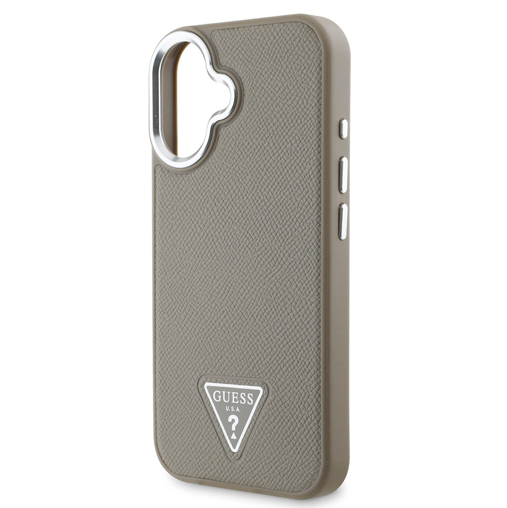Apple iPhone 16 Plus Kılıf Guess Magsafe Şarj Özellikli Grained Triangle Kapak Kahverengi