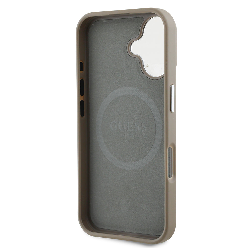 Apple iPhone 16 Plus Kılıf Guess Magsafe Şarj Özellikli Grained Triangle Kapak Kahverengi