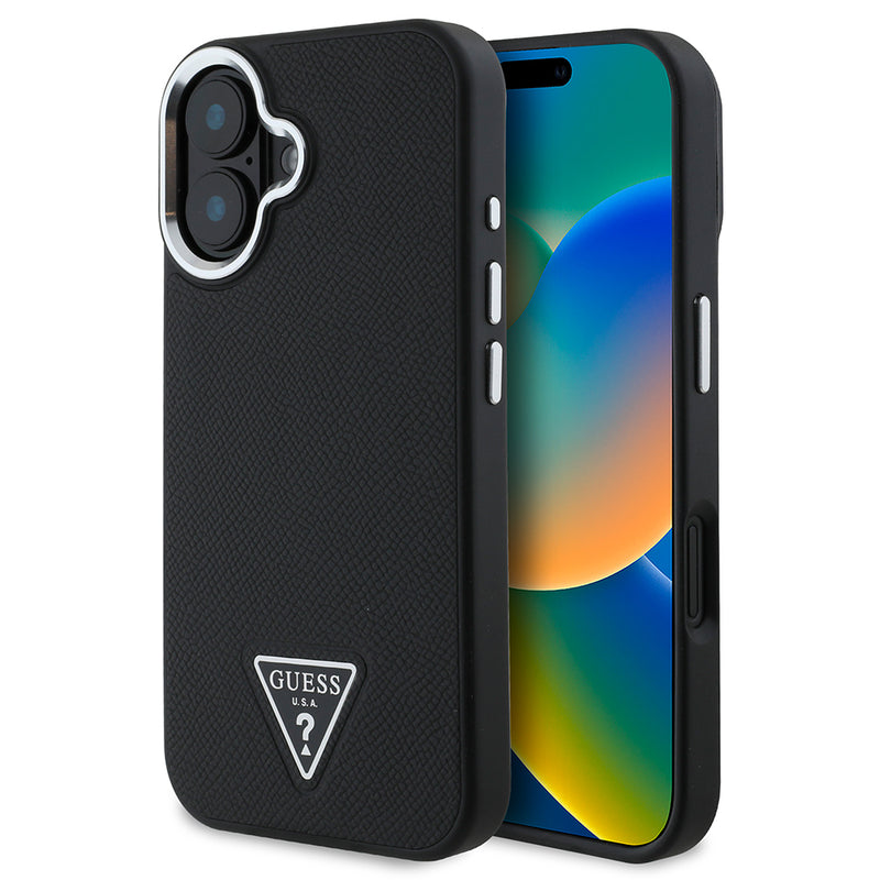 Apple iPhone 16 Plus Kılıf Guess Magsafe Şarj Özellikli Grained Triangle Kapak Siyah