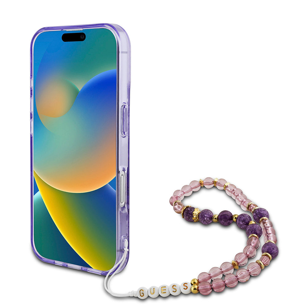 Apple iPhone 16 Plus Kılıf Guess Magsafe Şarj Özellikli IML Baskılı Çiçek İnci Bileklikli Kapak Mor