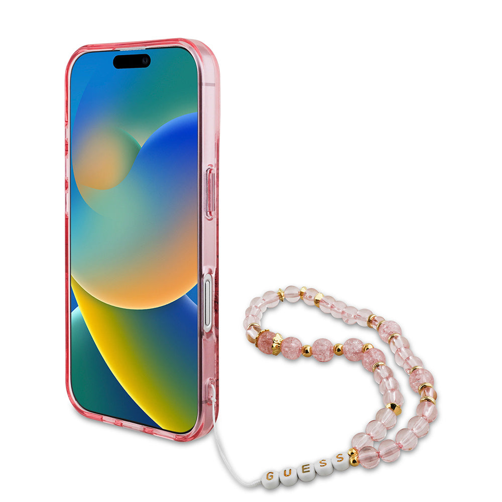 Apple iPhone 16 Plus Kılıf Guess Magsafe Şarj Özellikli IML Baskılı Çiçek İnci Bileklikli Kapak Pembe