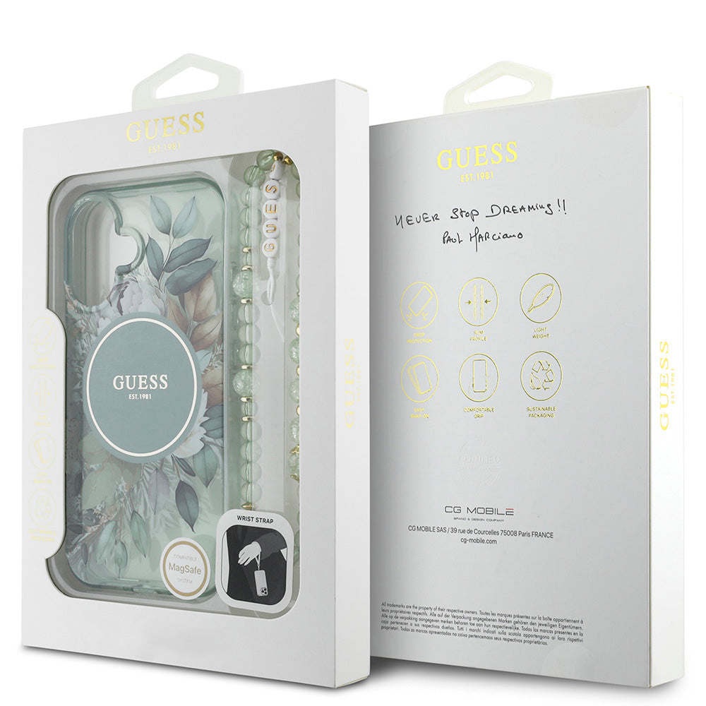 Apple iPhone 16 Plus Kılıf Guess Magsafe Şarj Özellikli IML Baskılı Çiçek İnci Bileklikli Kapak Yeşil