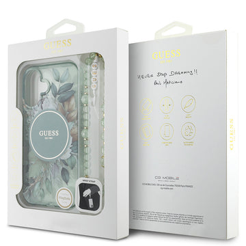 Apple iPhone 16 Plus Kılıf Guess Magsafe Şarj Özellikli IML Baskılı Çiçek İnci Bileklikli Kapak Yeşil