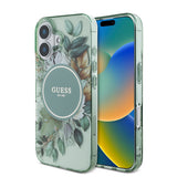 Apple iPhone 16 Plus Kılıf Guess Magsafe Şarj Özellikli IML Baskılı Çiçek İnci Bileklikli Kapak Yeşil