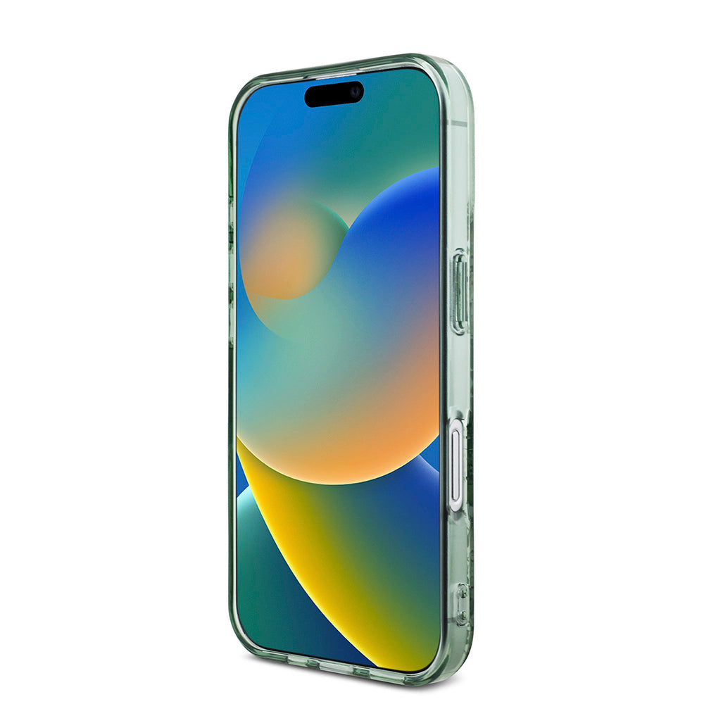 Apple iPhone 16 Plus Kılıf Guess Magsafe Şarj Özellikli IML Baskılı Çiçek İnci Bileklikli Kapak Yeşil