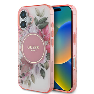Apple iPhone 16 Plus Kılıf Guess Magsafe Şarj Özellikli IML Baskılı Yazı Logolu Flower Tonal Circle Kapak Pembe