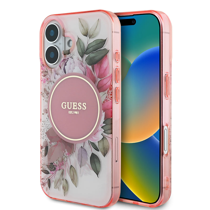 Apple iPhone 16 Plus Kılıf Guess Magsafe Şarj Özellikli IML Baskılı Yazı Logolu Flower Tonal Circle Kapak Pembe