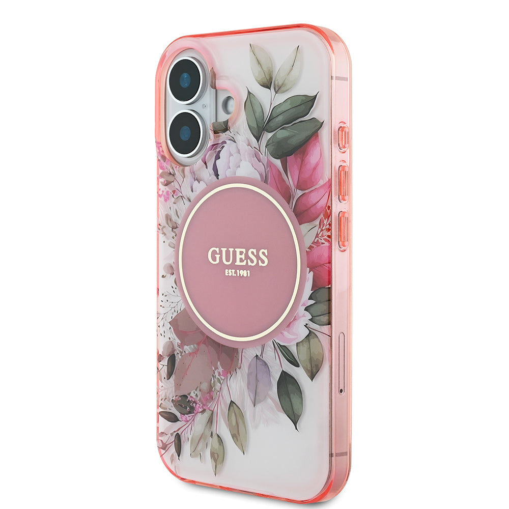 Apple iPhone 16 Plus Kılıf Guess Magsafe Şarj Özellikli IML Baskılı Yazı Logolu Flower Tonal Circle Kapak Pembe