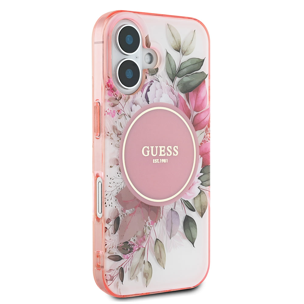 Apple iPhone 16 Plus Kılıf Guess Magsafe Şarj Özellikli IML Baskılı Yazı Logolu Flower Tonal Circle Kapak Pembe