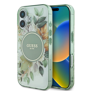 Apple iPhone 16 Plus Kılıf Guess Magsafe Şarj Özellikli IML Baskılı Yazı Logolu Flower Tonal Circle Kapak Yeşil
