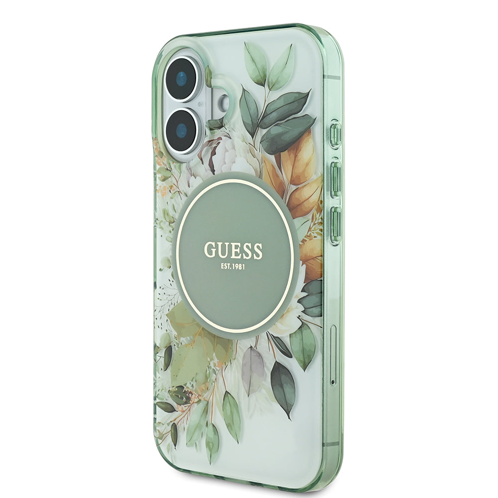 Apple iPhone 16 Plus Kılıf Guess Magsafe Şarj Özellikli IML Baskılı Yazı Logolu Flower Tonal Circle Kapak Yeşil