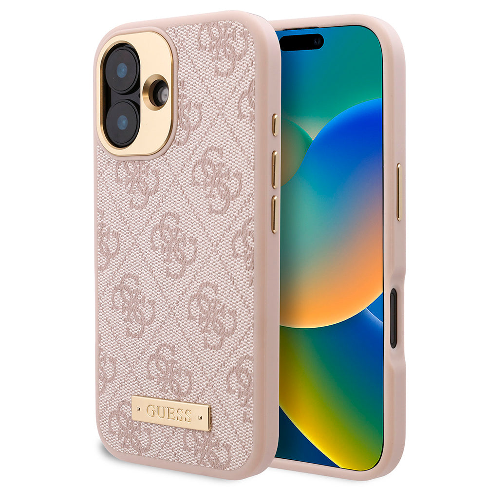 Apple iPhone 16 Plus Kılıf Guess  Magsafe Şarj Özellikli PU 4G Desenli Metal Plaka Klasik Logolu Kapak Pembe