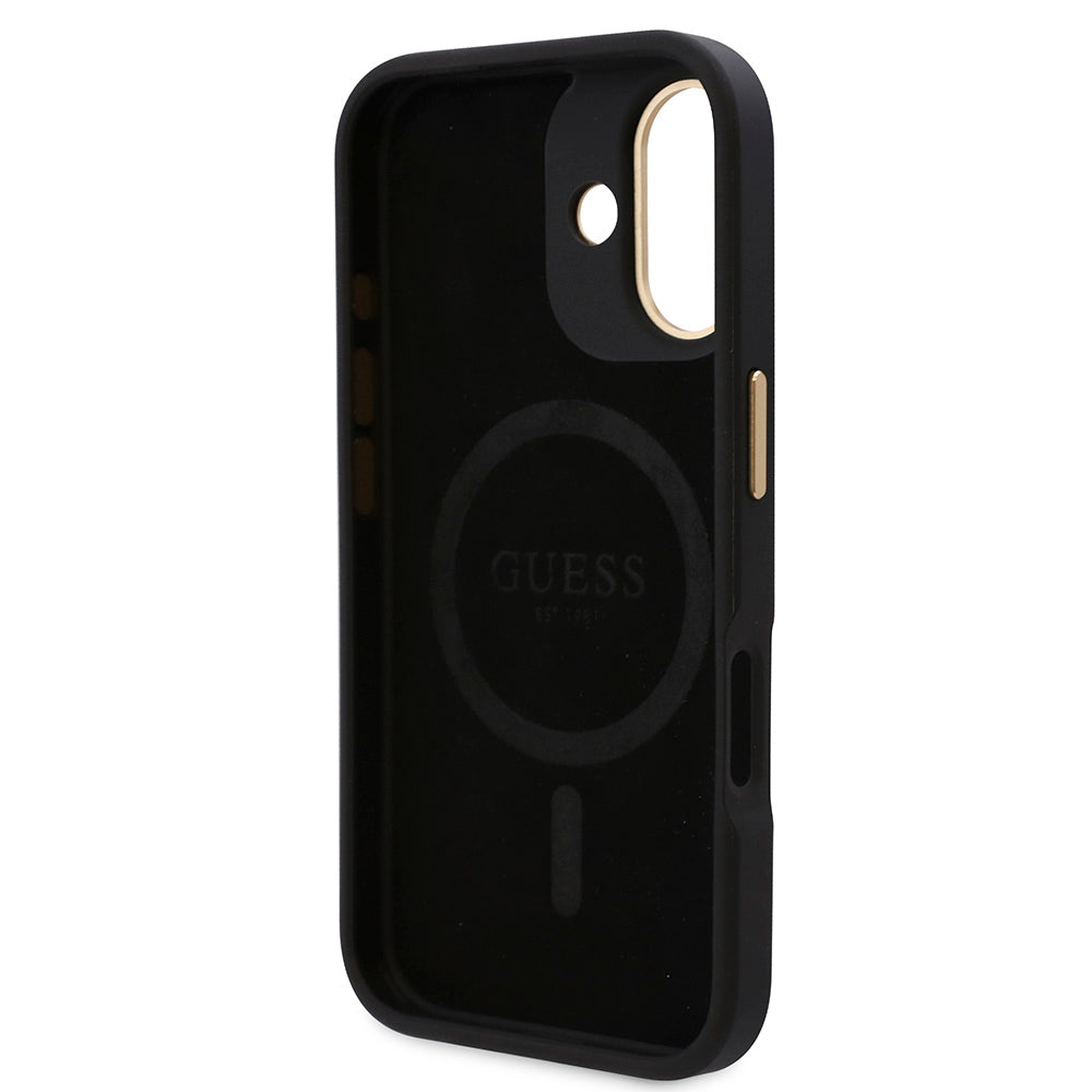 Apple iPhone 16 Plus Kılıf Guess  Magsafe Şarj Özellikli PU 4G Desenli Metal Plaka Klasik Logolu Kapak Siyah