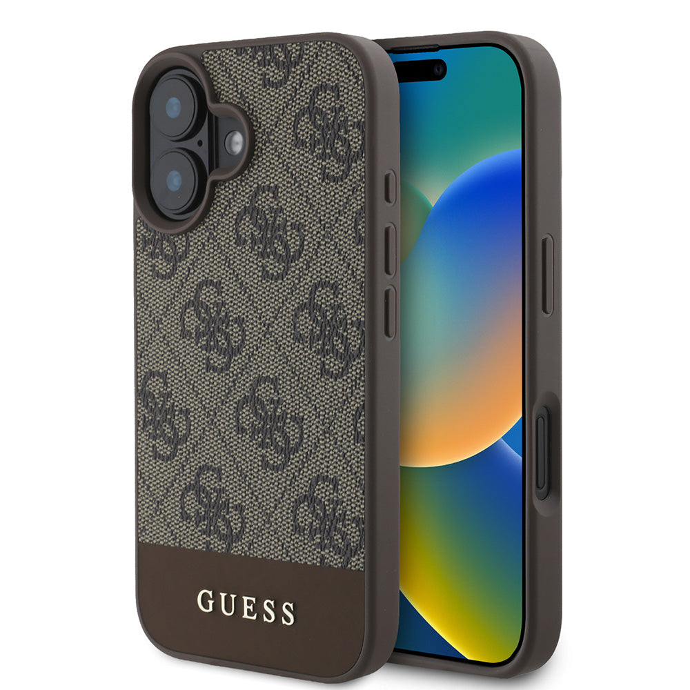 Apple iPhone 16 Plus Kılıf Guess Magsafe Şarj Özellikli PU Deri Şerit Logo Dizaynlı Kapak Kahverengi
