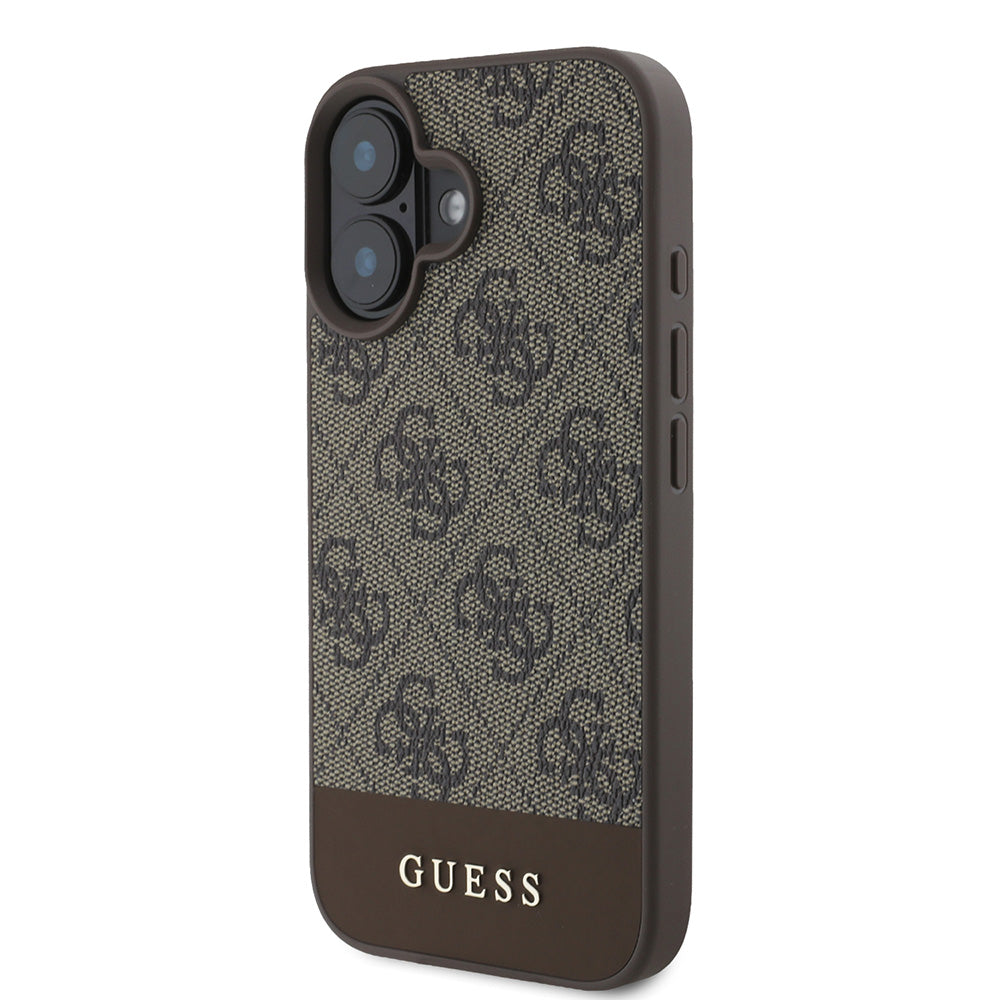Apple iPhone 16 Plus Kılıf Guess Magsafe Şarj Özellikli PU Deri Şerit Logo Dizaynlı Kapak Kahverengi
